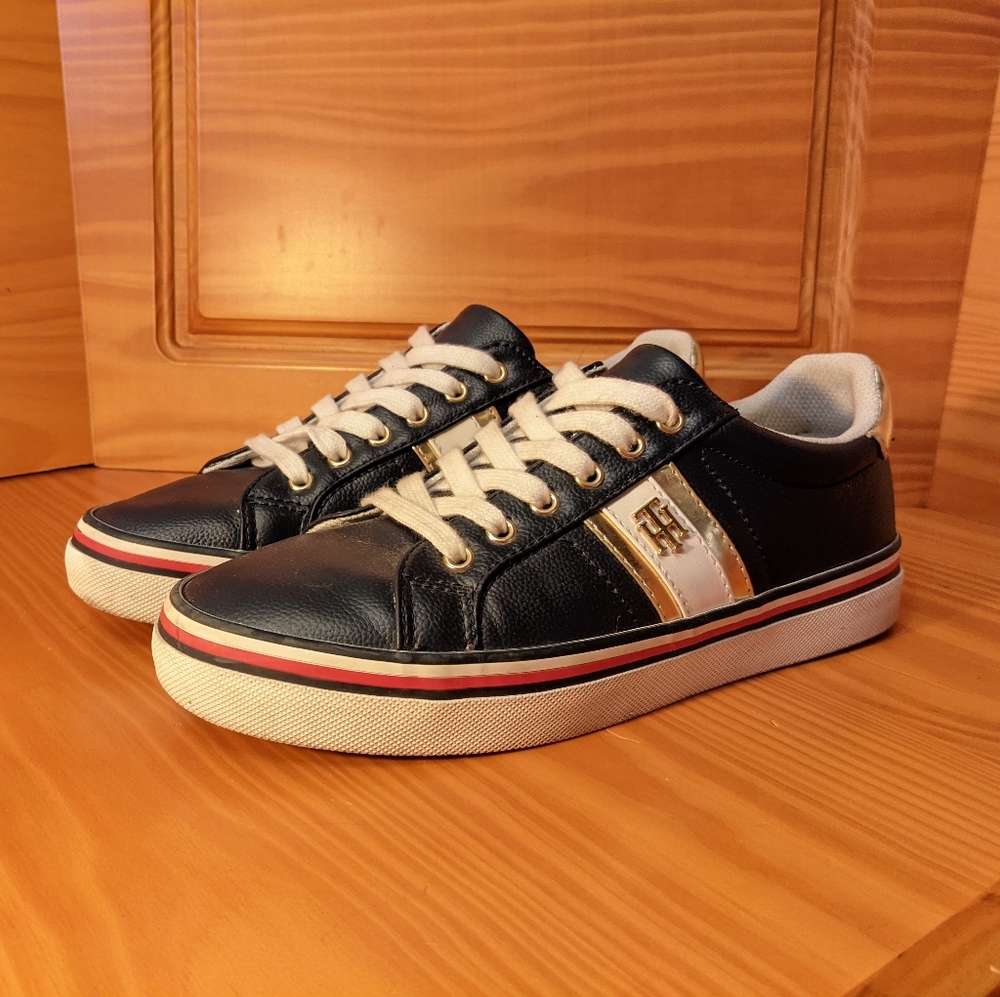 Blue and gold sneakers